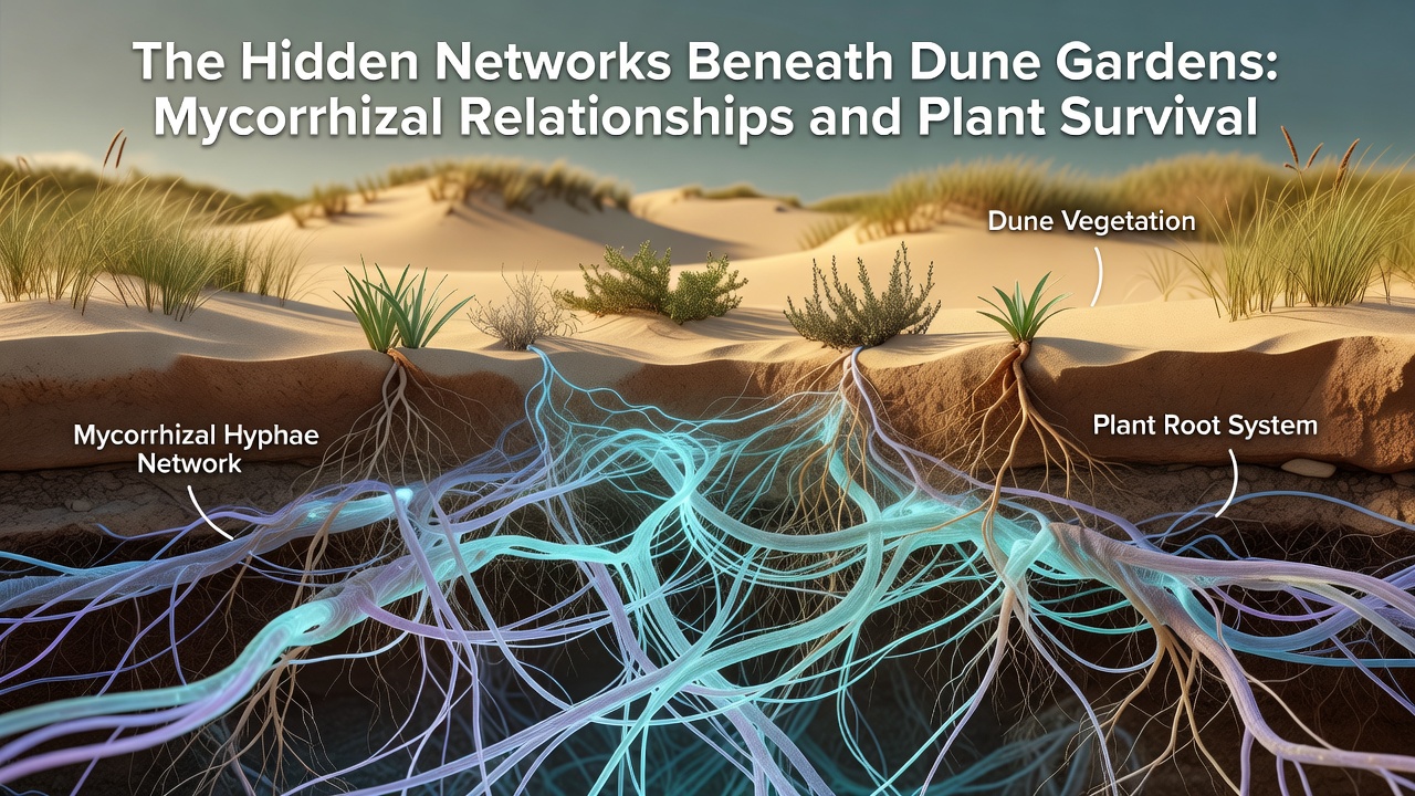 Close-up view of fungal hyphae interacting with dune plant roots