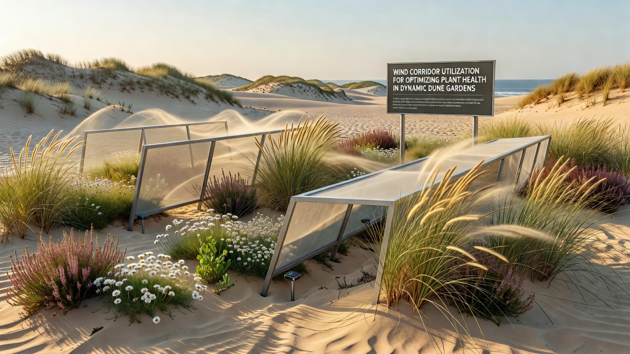 Close-up of marram grass and associated dune species growing along the edge of a maintained wind corridor with visible airflow patterns in the sand
